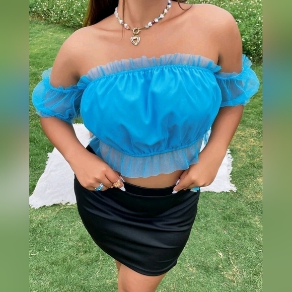 Plus Dopamine Dressing Contrast Mesh Frill Trim Off Shoulder Peplum Crop Blouse - Picture 1 of 3